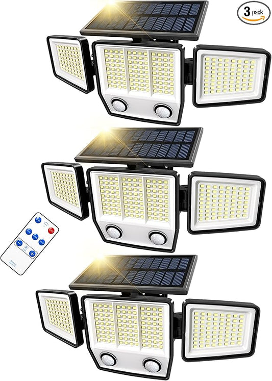 Solar Motion Sensor Outdoor Lights Waterproof - 3000LM 3 Modes Security Lights Outdoor 270° Illumination IP65 LED Solar Flood Wall Light for Garden Yard Patio Pathway (With ‎Remote Control, 3)