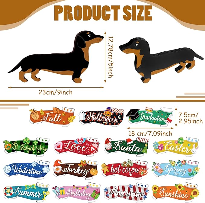 Barydat 16 Pcs Seasonal Dachshund Dog Welcome Sign Lovely Interchangeable Front Door Decoration, Wooden Rustic Holiday Door Wall Decor for Independence Day Summer Fourth of July Decoration(Dog)