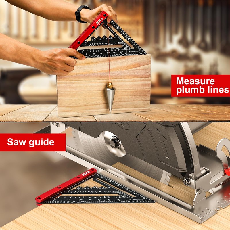 VNW 7inch Rafter Square with Carpenter Pencil, 1/8" Precision Heavy Duty Aluminum Woodworking Rule,Triangle Ruler Measuring Layout Tool (Black, Rafter Square)