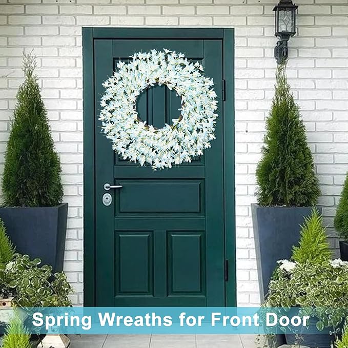 Large Summer Spring Wreaths for Front Door 26 Inch Spring Summer Door Wreath Easter Wreaths for Front Door Wild Floral Wreath for Farmhouse Porch Wall Wedding Living Room Home Decor Aesthetic(Blue)