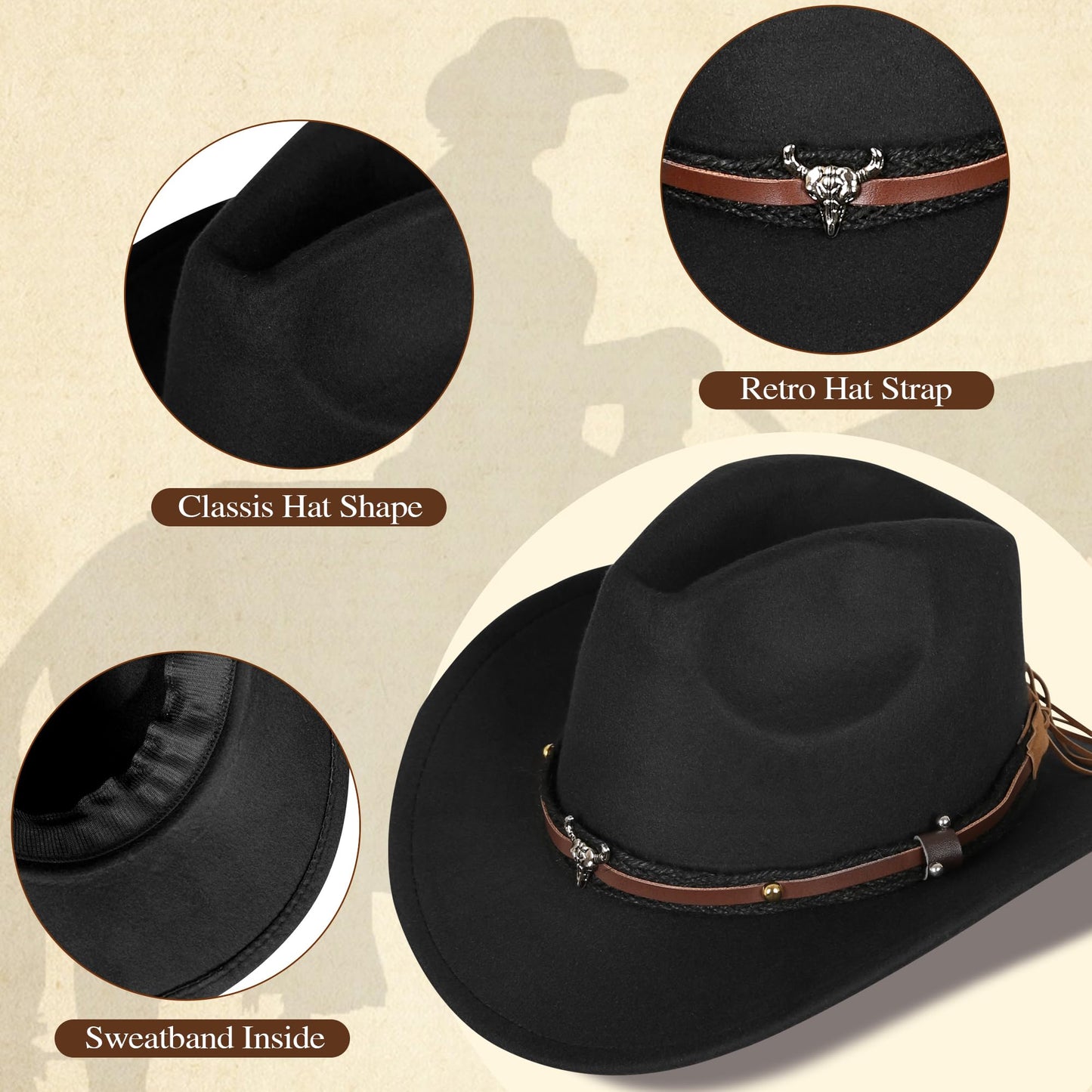 GERVAISE Womens Western Cowgirl Costume 70s Hippie Tassels Fringe Vest outfit Hat 5pcs (Black, Large)