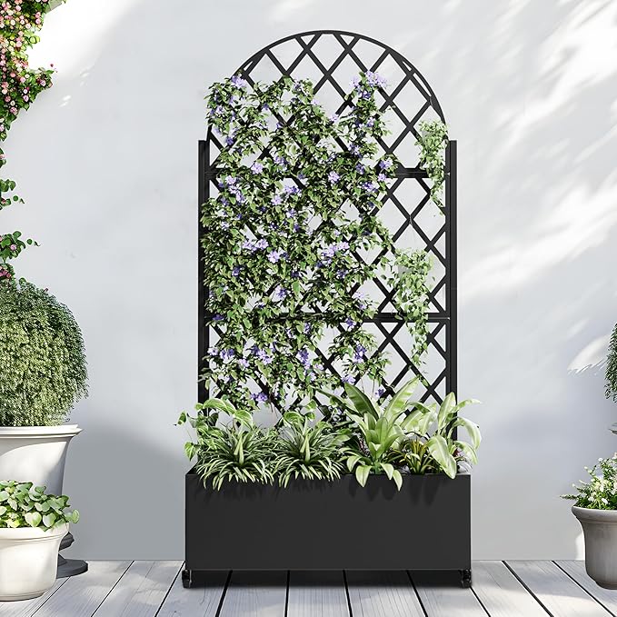 Casaphoria Metal Raised Garden Bed with Trellis and Wheels, 72"x35"x16" Planter Box for Climbing Plants, Vegetables & Vines, Features Drainage Holes and Privacy Screen (Black-Laurence)