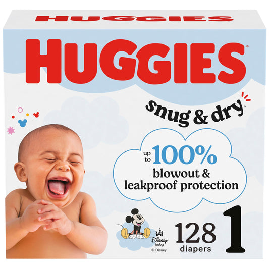 Huggies Size 1 Diapers, Snug & Dry Newborn Diapers, Size 1 (8-14 lbs), 128 Count, Packaging May Vary