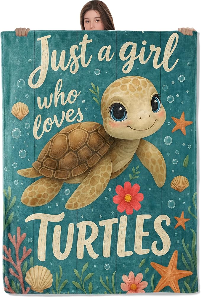 Cute Turtle Lightweight Throw Blanket, Cartoon Ocean Animal with Shell and Starfish, Warm Soft Cozy Flannel Blankets, Couch Dorm Home Decor All Season Use, 80x60in, Gifts for Girls Women