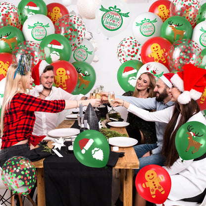 Saxuxu Christmas Balloons, 12 Inch Xmas Print Balloons, Red Green Confetti Latex Balloon Green Red White Gingerbread Man Bell Elk Santa Claus Printed Balloon for New Year Christmas Party Decorations