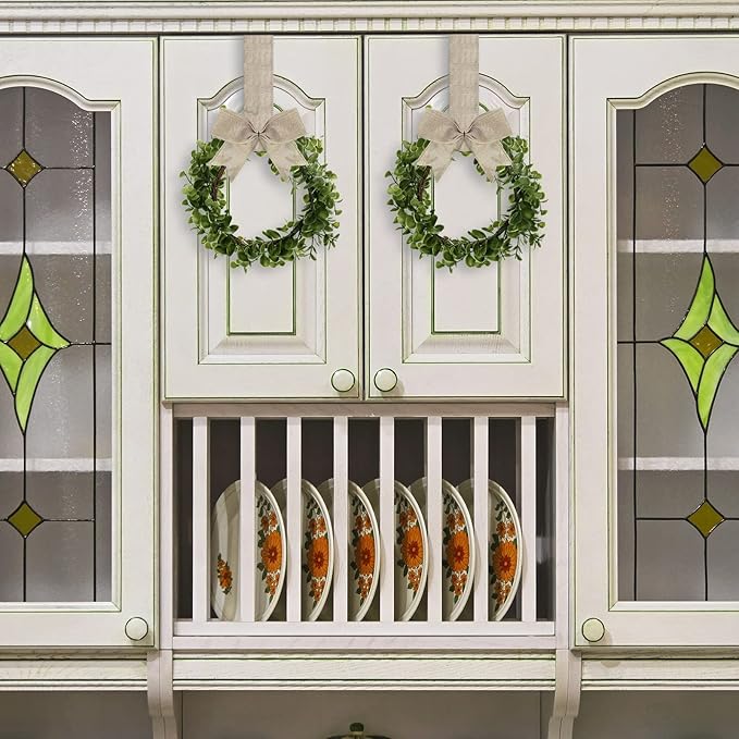 WILLBOND 4 Pcs Christmas Kitchen Cabinet Wreath Boxwood Garland with Ribbon Greenery Garland Hanging Wreaths for Cabinet Wall Window Door Fireplace Party Farmhouse Decor(Burlap,Linen)