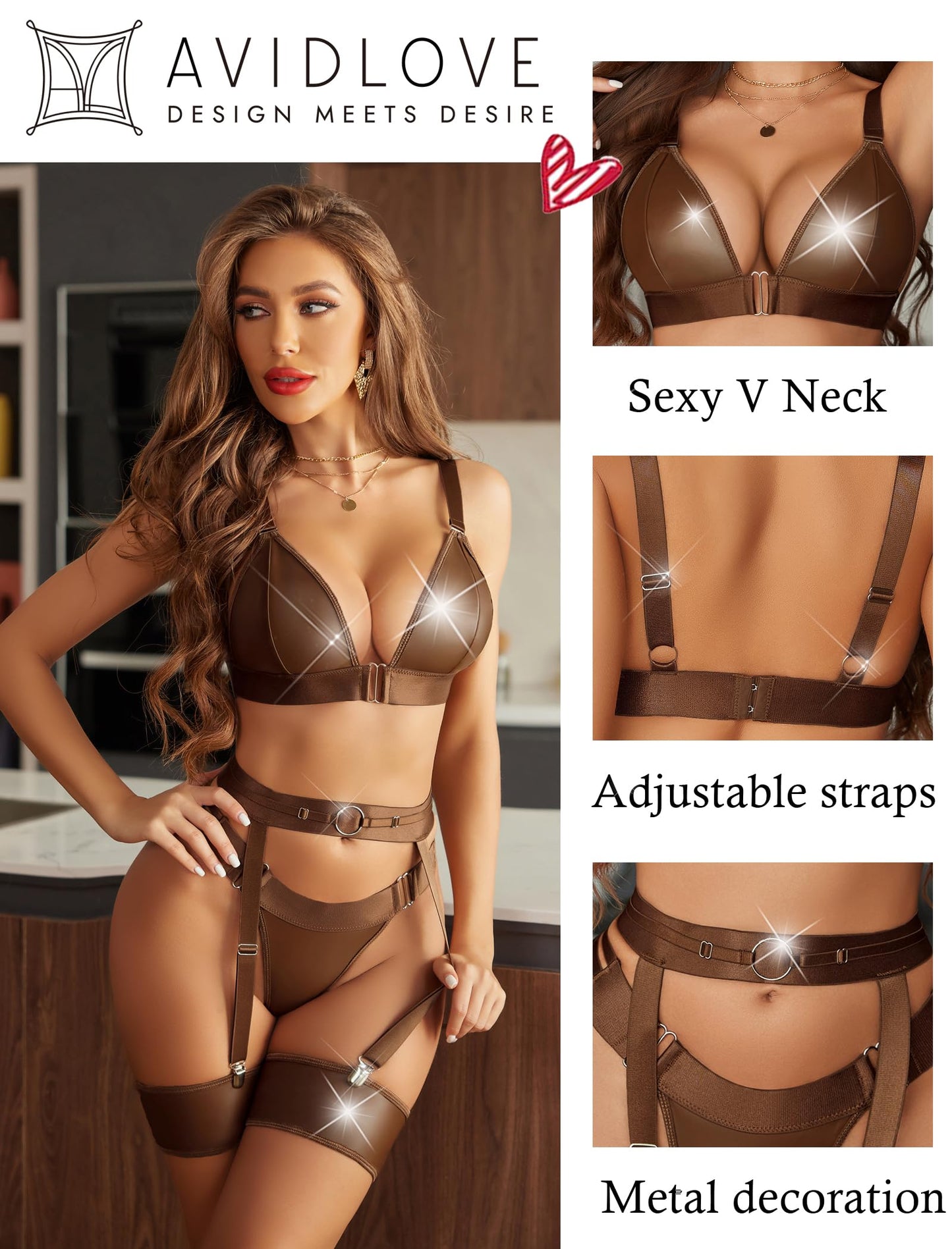 Avidlove Straps Lingerie for Women Leather Babydoll Nightgowns (Medium, Coffee Brown)