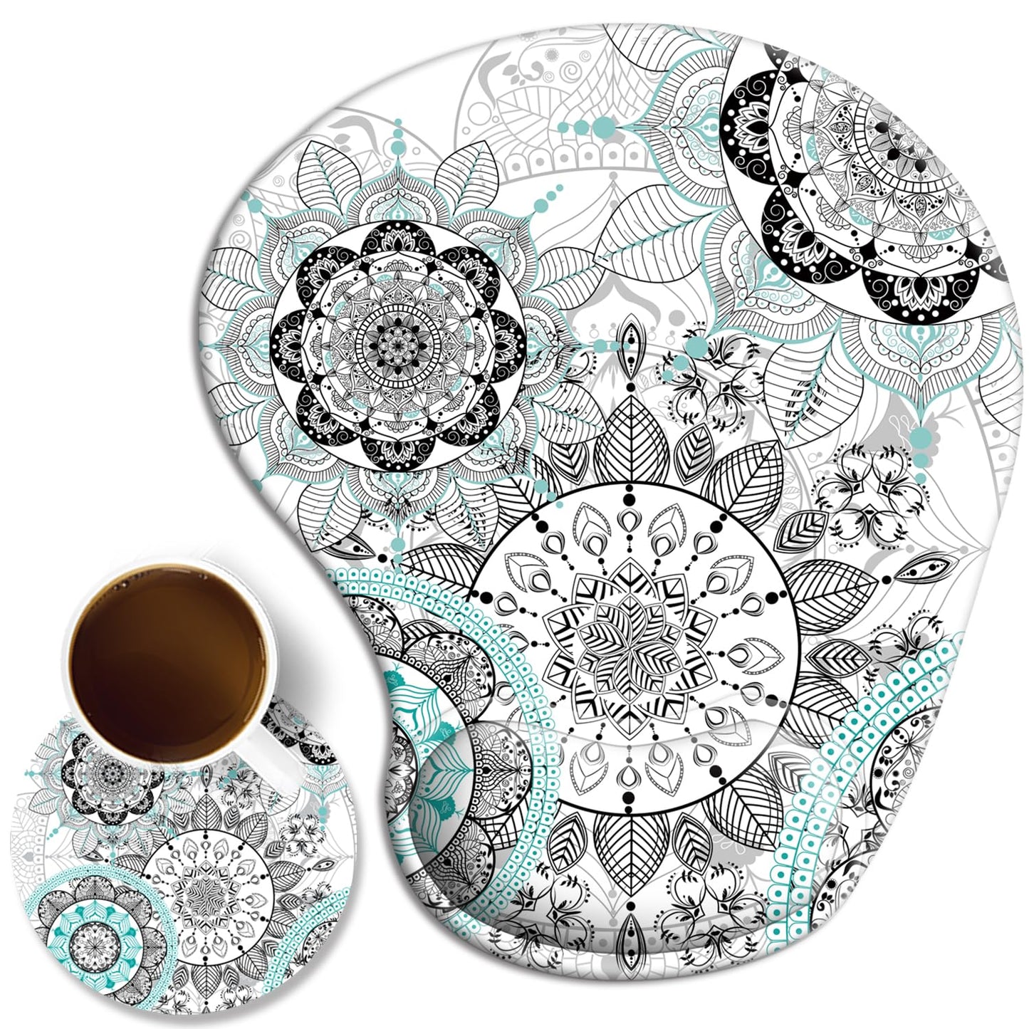 Ergonomic Mouse Pad with Wrist Rest Support Gel with Coaster, Cute Wrist Pad with Non-Slip Rubber Base, Easy Typing & Pain Relief, Blue Mandala