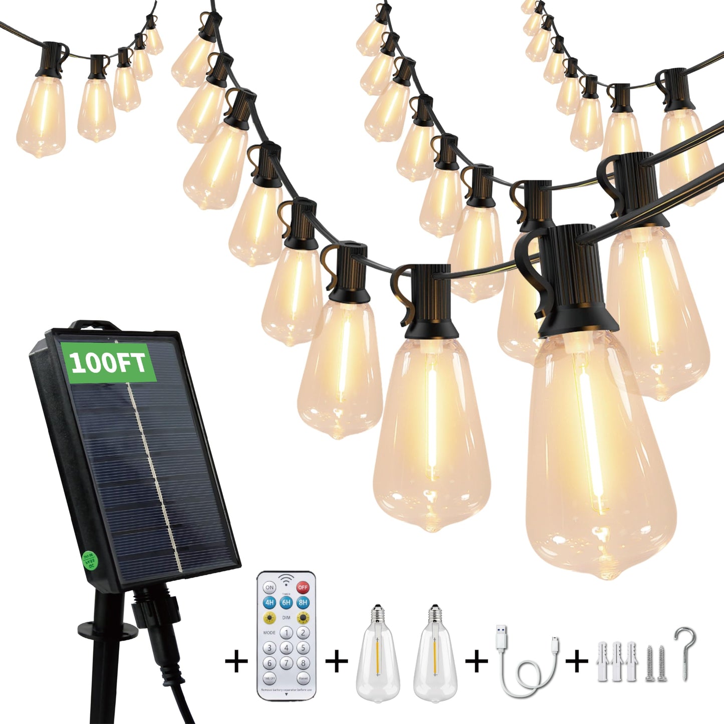 CRLIVOING Solar String Lights Outdoor Waterproof, 100FT Solar Powered Outdoor Lights with Remote, 52 Shatterproof with Edison Bulbs, LED String SolarLights for Garden, Backyard, Parties