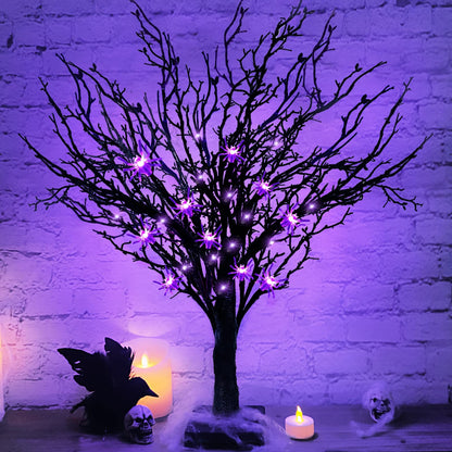TURNMEON 2FT Prelit Halloween Black Tree Decor with Timer, 25 Spider & 24 Purple Lights Battery Operated Spooky Artificial Tree for Halloween Decorations Indoor Tabletop Fireplace Home Holiday Party