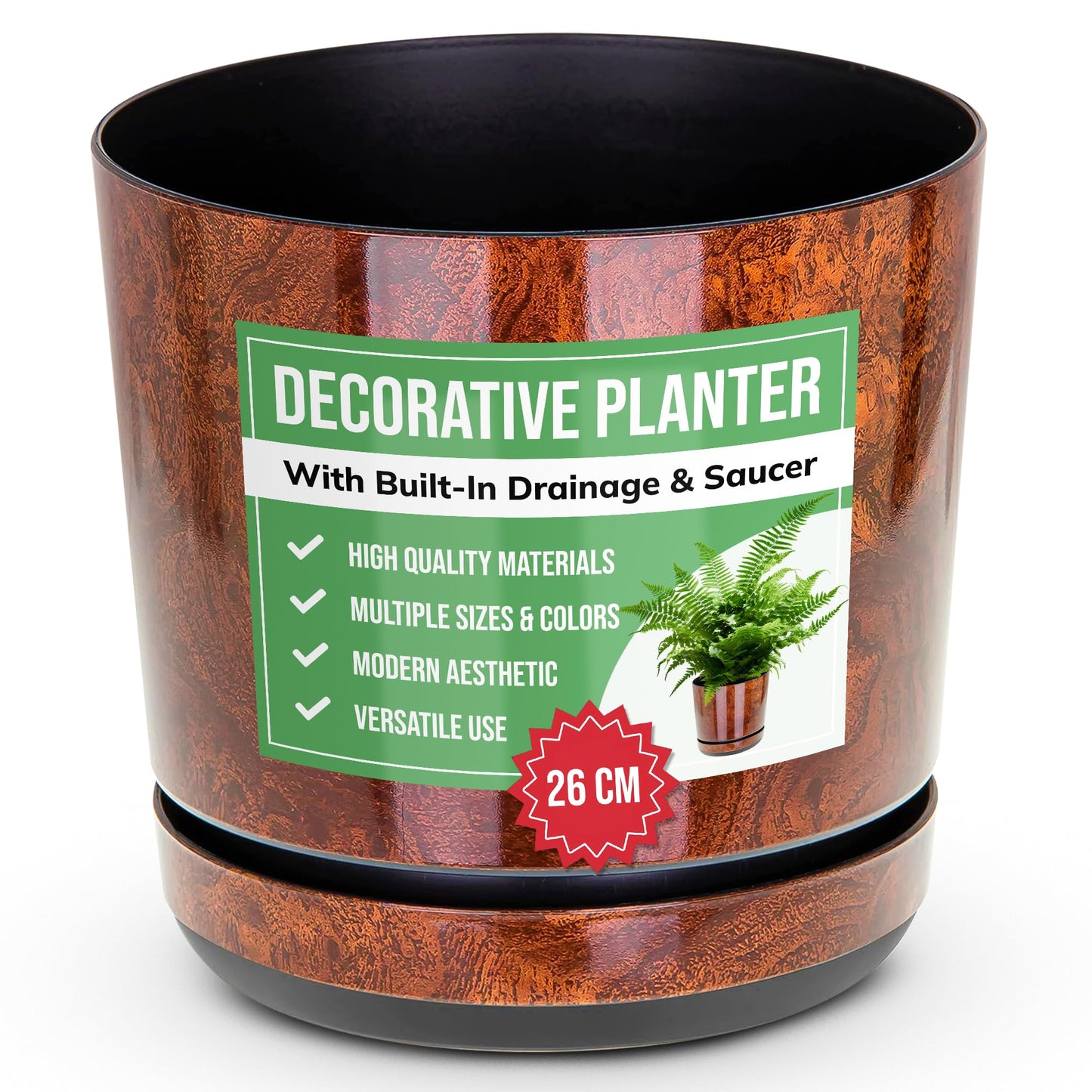 KORAD Wood Large Flower Indoor Plant Pot with Saucer Plastic Gloss Modern Decorative Planter with Drainage Holes, 6 Sizes, 25 colours (26 cm - 10.2 inch)