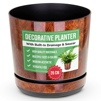 KORAD Wood Large Flower Indoor Plant Pot with Saucer Plastic Gloss Modern Decorative Planter with Drainage Holes, 6 Sizes, 25 colours (26 cm - 10.2 inch)
