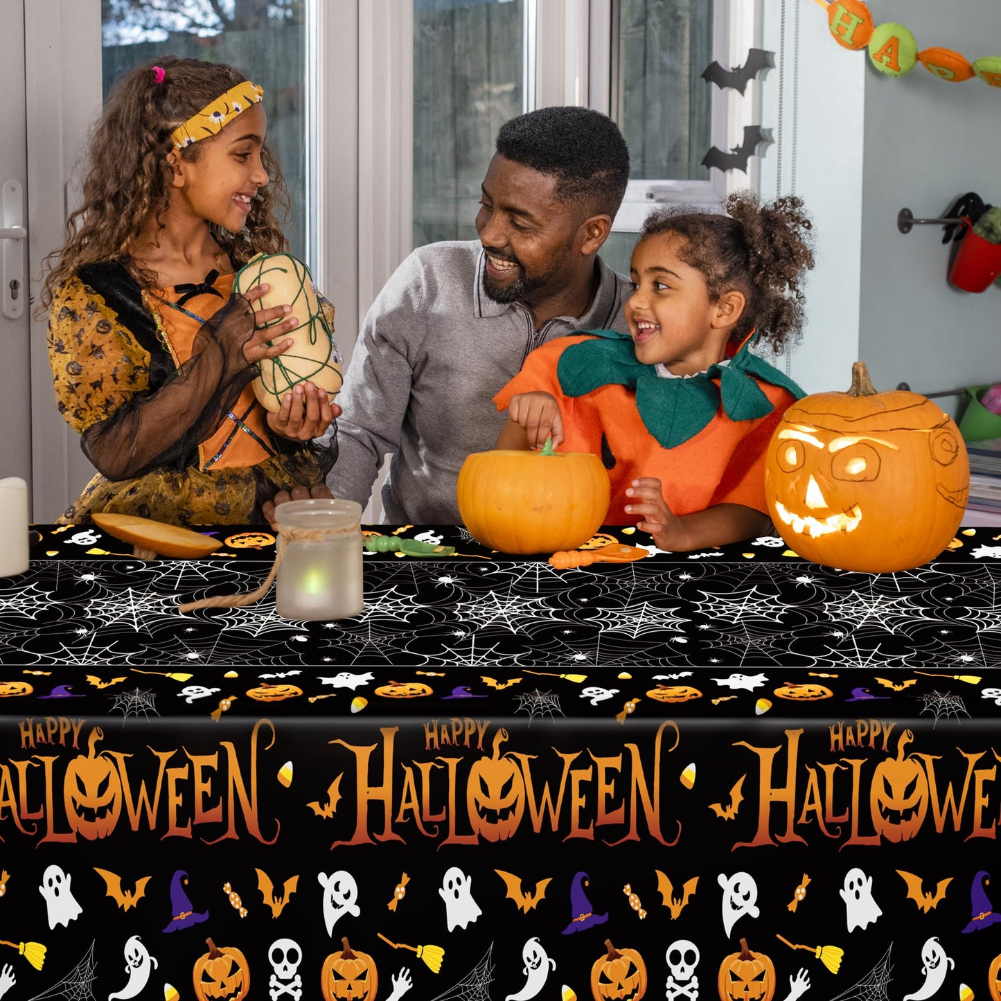 QZYL 4 Pack Halloween Tablecloth, 54" x 108" Halloween Decorations, Pumpkin Design Disposable Tablecover Plastic Table Cloth, Spider Webs Decorations Party Supplies Tableware Indoor