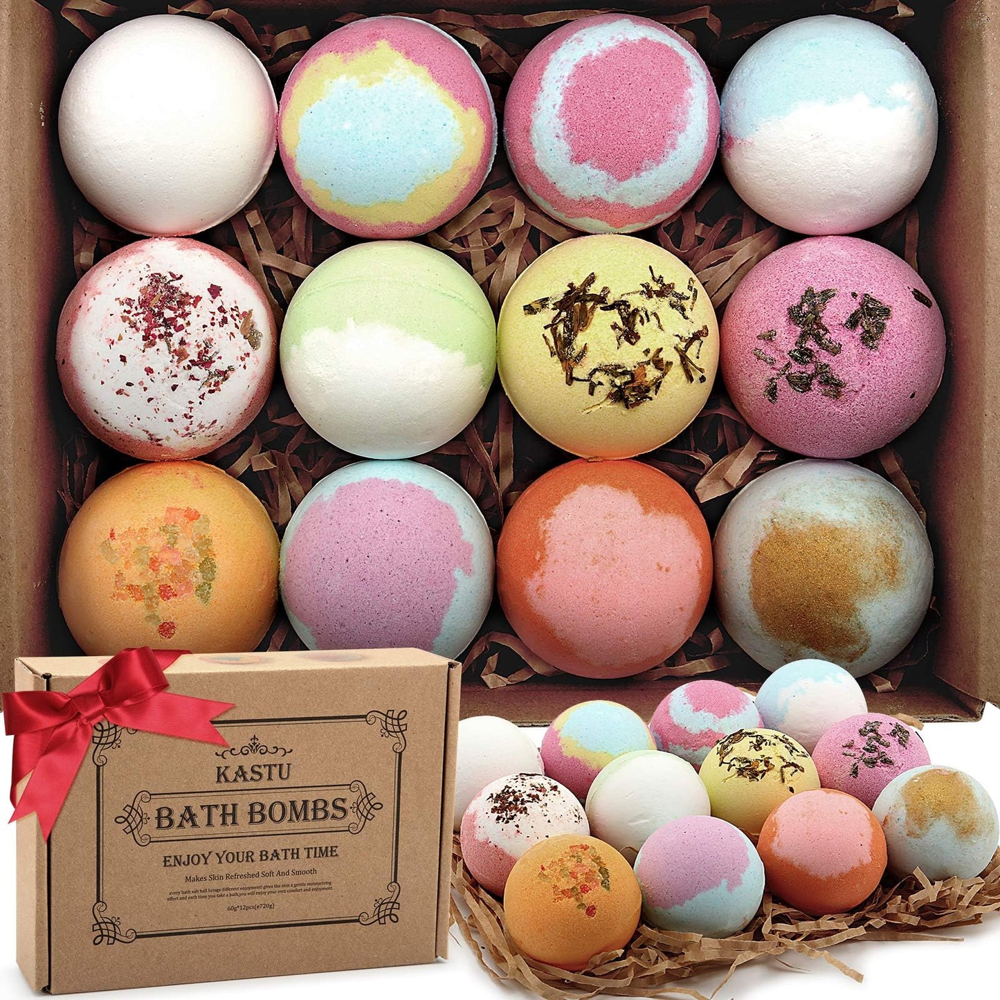 KASTU Bath Bombs Salt Balls,12 PCS Gift Set,Vanilla Menthol Rose Extract Essential Oils,Moisturizing Dry Skin,Fizzy Spa,Relaxing,Bubble Bath Bomb Gifts Idea for Men Women