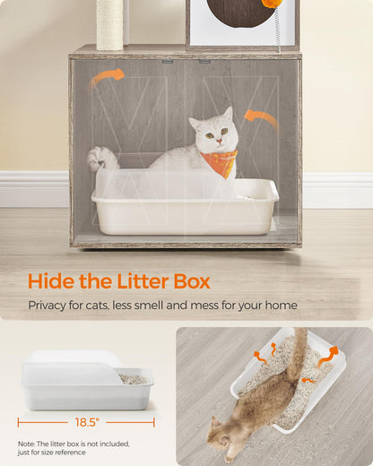 Feandrea Cat Tree with Litter Box Enclosure, 2-in-1 Modern Cat Tower, 70.8-Inch Tall Cat Condo with Scratching Posts, Perch, Caves, Basket, Washable Cushions, Heather Greige UPCT116G01