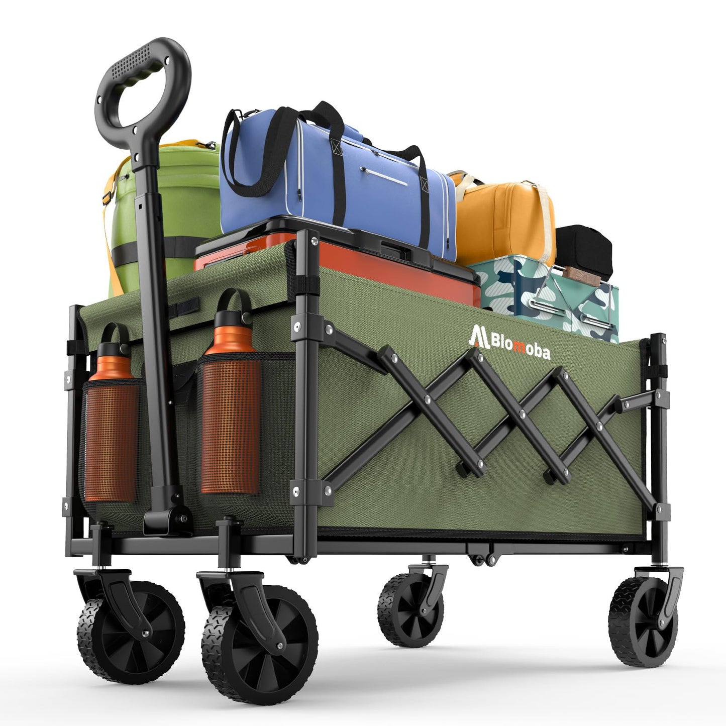 Collapsible Wagon with Wheels, 220 lbs Wagons Carts Foldable Wagon Cart with Flexible Handle, Lightweight Portable Folding Utility Grocery Shopping Cart for Grocery Sports Garden Camping, Green