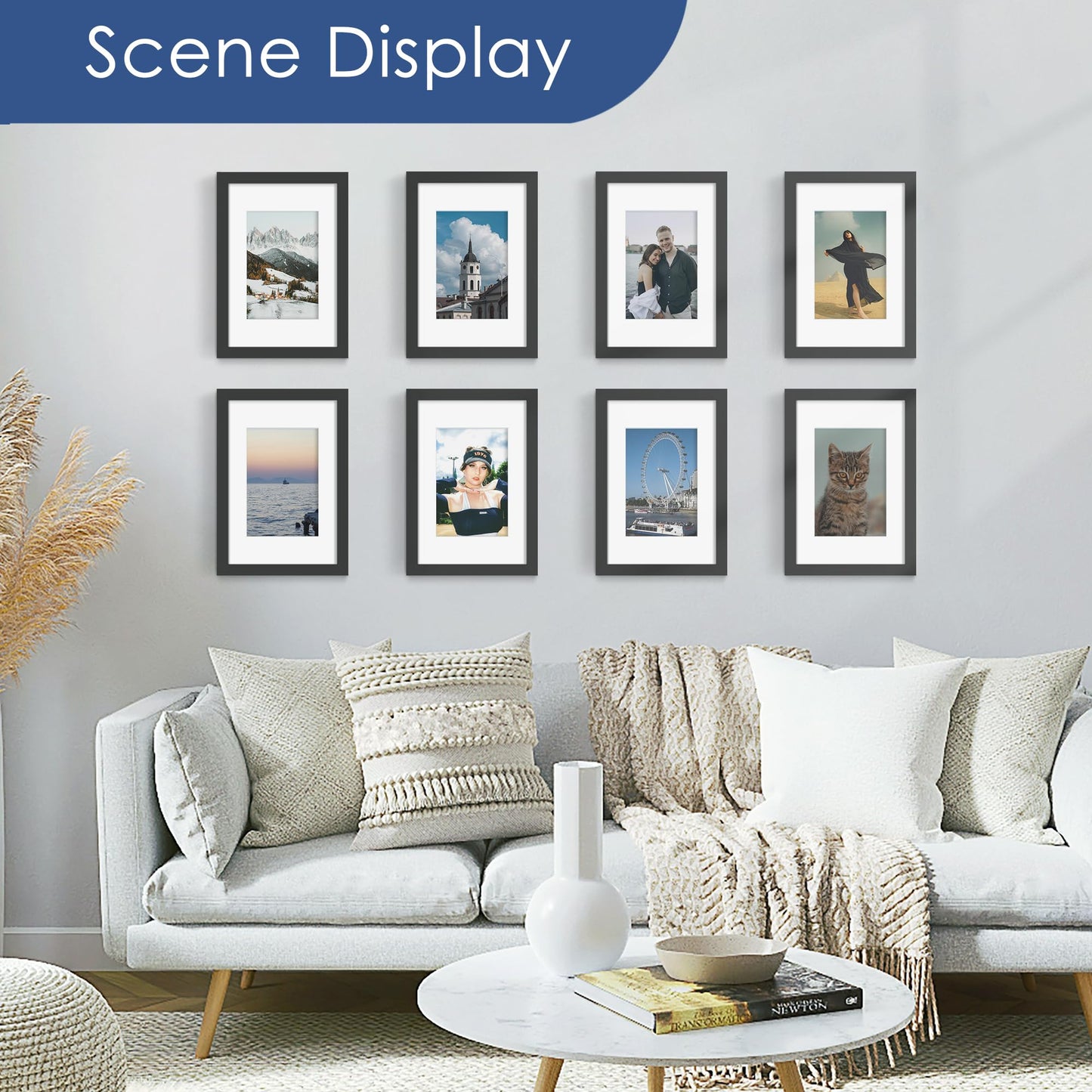 PEALSN 8x12 Picture Frame Set of 6, Display Pictures 6 x 8 with Mat or 8 x 12 Without Mat for Wall Mounting or Table Top Display, Photo Frames Collage for Wall Decor, Black