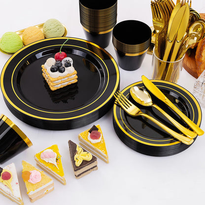 WELLIFE 150 PCS Black and Gold Disposable Dinnerware Set, Plastic Plates for Party, Including 25 Dinner Salad Plates, Cups, Forks Knives Spoons for Halloween and Party Supplies