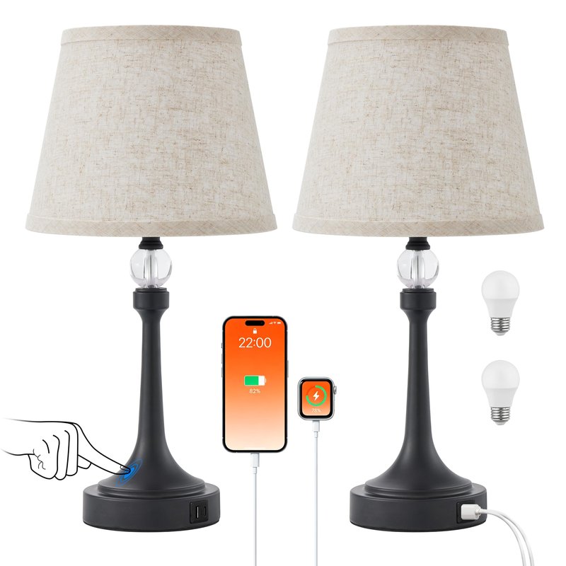 Leasgy Touch Table Lamp Set of 2 with USB C+A Ports-Black 19.7''