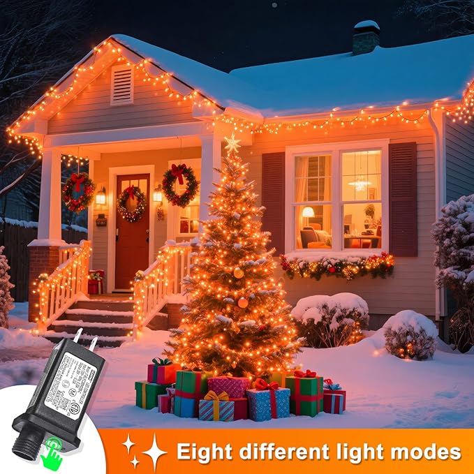 600 LED Christmas Lights Outdoor 197 FT String Lights Indoor Outdoor Clear Wire with 8 Modes, Plug in Waterproof Orange String Light for Christmas Tree Party Thanksgiving Decorations