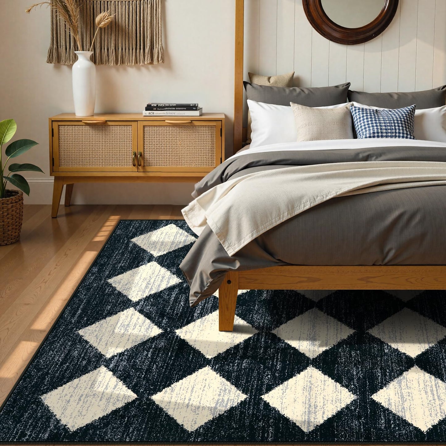 Lahome Moroccan Trellis Area Rug - 5x7 Black Washable Large Rugs for Bedroom Living Room Mat, Checkered Soft Non Slip Stain Resistance Indoor Accent Carpet for Dining Room Coffee Table