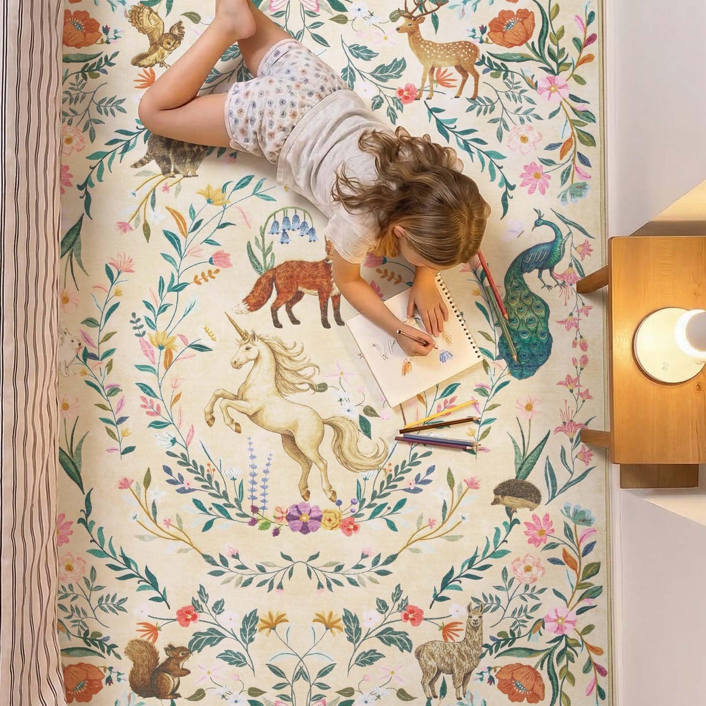 jinchan Moonrise Area Rug 8x10 Kids Room Rug Washable Unicorn Rug Soft Non-Slip Low Pile Fairytale Woodland Animals Floral Carpet for Classroom Nursery Playroom Bedroom Living Room Daylight Cream