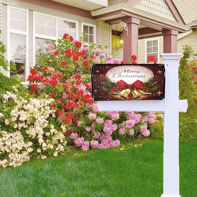 Festive Magnetic Mailbox Cover Christmas Bell Pattern Outdoor Mailbox Protector Holiday Seasonal Decorative Garden Yard Home Standard Size 21 x 18 Inch