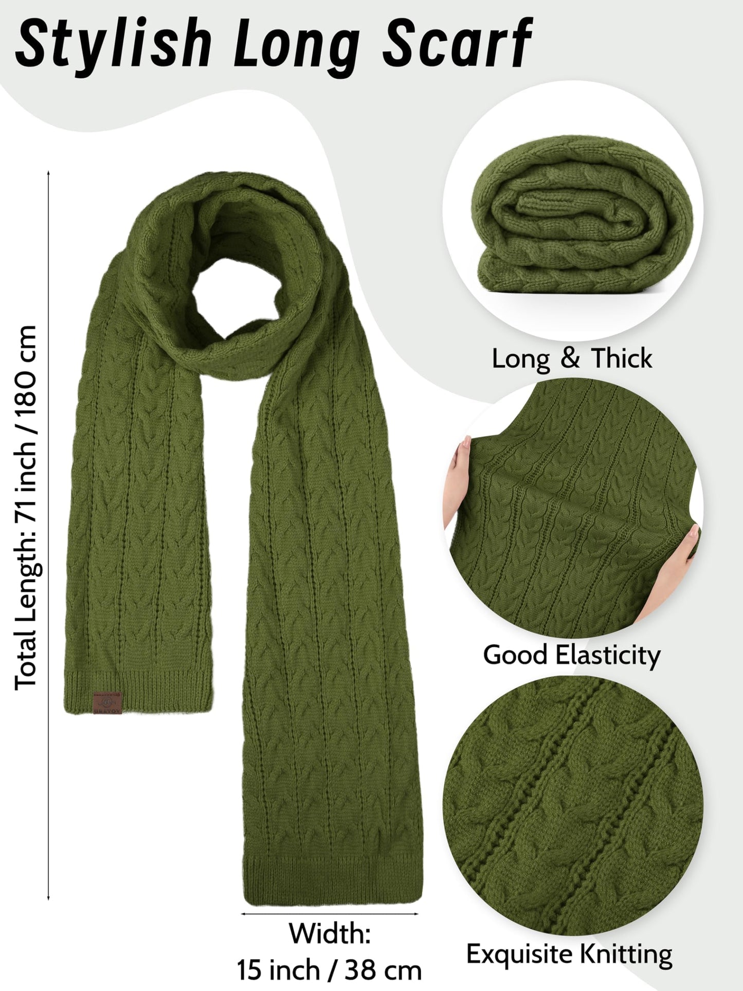 URATOT Women Winter Beanie Hat Scarf Gloves Ear Warmer 4 in 1 Set Beanie Pompom Hat Touchscreen Gloves Long Scarf Ear Warmer Dark Olive