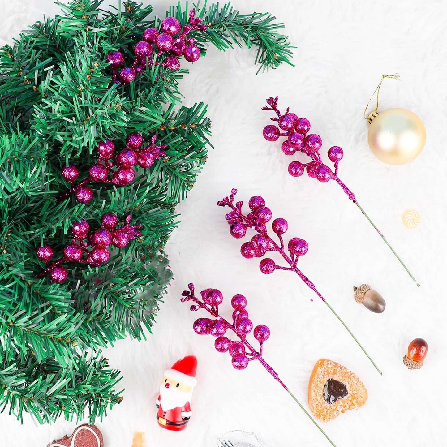 DIYASY Glitter Berry Stems for Christmas Tree Ornaments,20Pcs Red Violet Picks and Sprays Artificial Branches Xmas Tree Filler Holiday Wreath Garland Decorations Home Décor 7.8 Inch