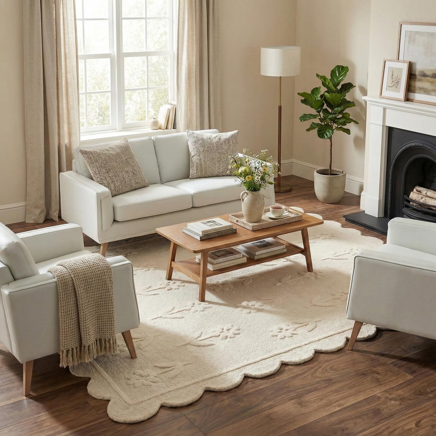 RUGWYN Jessa Scallop Floral Rug – Handmade Wool Area Rug with Non-Slip Cotton Backing – Soft and Durable – Ideal for Living Room, Bedroom, and Home Décor – Anti-Skid Design (Beige, 4' x 6')