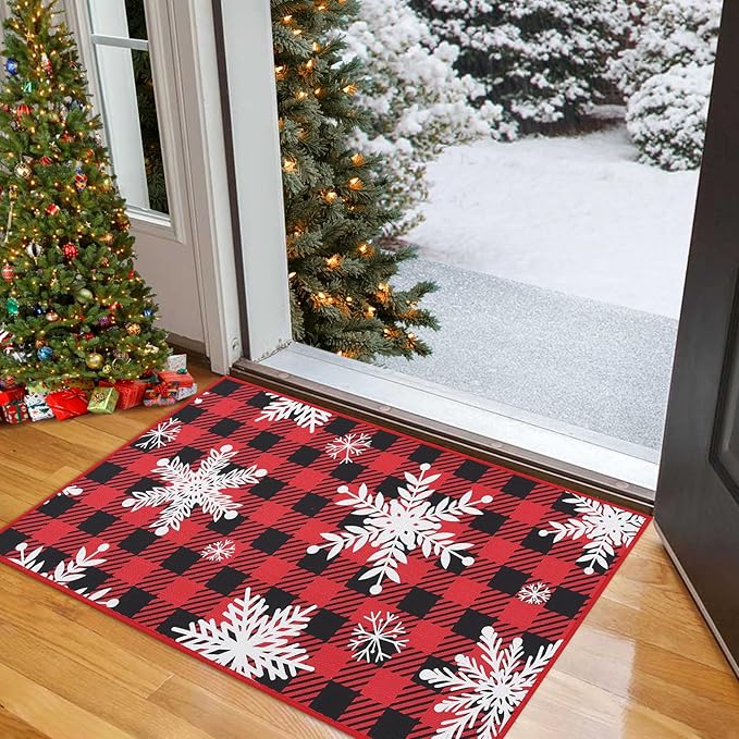 CAROMIO Christmas Doormat 20 x 32 Inch Holiday Xmas Buffalo Plaid Door Mat Winter Christmas Snowflakes Checkered Welcome Mat Outdoor Indoor Non Slip Decorative Entrance Floor Mat for Front Porch