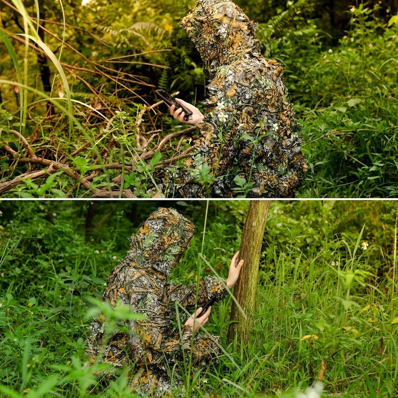 Monfasye Ghillie Suit, 3D Leafy Camo Hunting Suits Breathable Woodland Gillies Costume Jungle Clothing