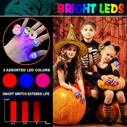 50 Pack 3D Halloween LED Glow Ring, Light Up Toys Glow in the Dark Birthday Halloween Party Favors Decorations Supplies for Kid Adults Flash Finger Rubber Ghost Pumpkin Skeleton LED Finger Lights