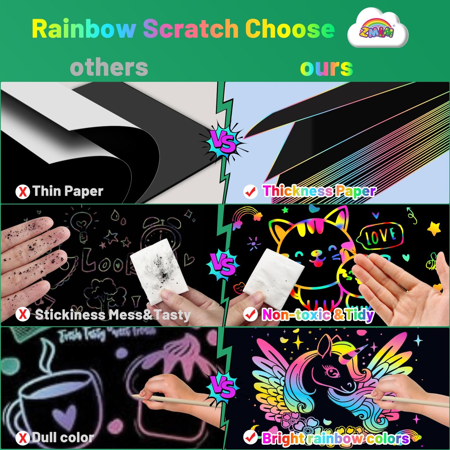 ZMLM Scratch Paper Art Craft: 2 Pack Rainbow Scratch Set for 3 4 5 6 7 8 9 10 Years Old Girls Boys Students Drawing Coloring Black Magic Art Supplies Kits Gifts School Birthday Party Toys(Classic)