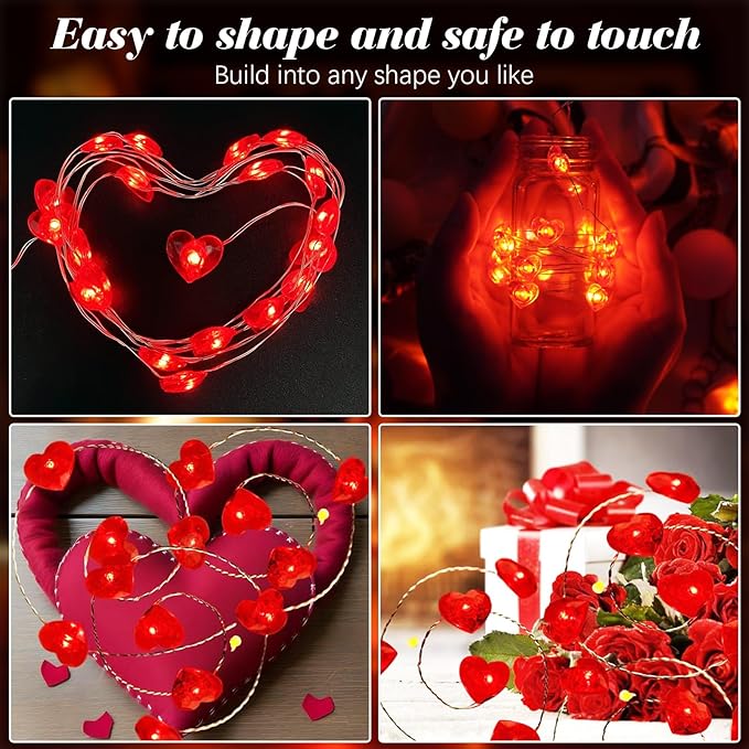 pozzolanas LED Heart Fairy Lights Battery Operated, 50 LED 17FT Copper Wire Mini String Lights Waterproof Starry Lights for Bedroom,Halloween,Christmas,Parties Wedding Decoration (Red, 2 Pack)