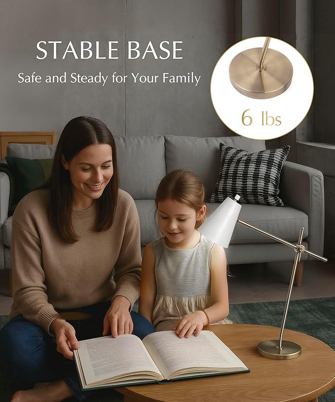 HarvestLand HaloBar Brass Desk Lamp Home Office – White Industrial Table Lamp with Solid Base for Office, Reading Lamps for Bedside Table, Study and Reading Task Lamp