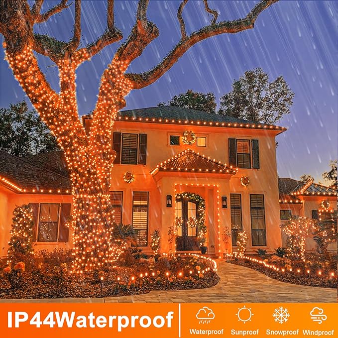 400 LED Christmas Lights Outdoor 132 FT String Lights Indoor Outdoor Clear Wire with 8 Modes Plug in Waterproof Orange String Light for Christmas Tree Party Thanksgiving Decorations