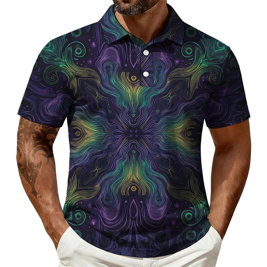 Funny Polo Shirt for Men Dressy Casual Short Sleeve Button Down Golf Shirts Vintage Symmetry Line Print Pattern Loose Fit Summer Tops Lightweight Quick Dry Vacation Beach Hawaiian Clothes,XL