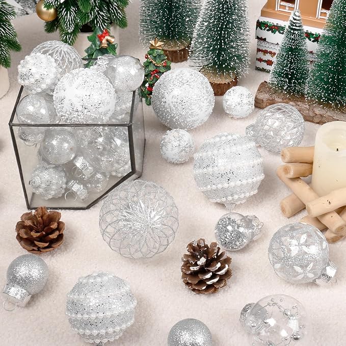 Super Holiday Christmas Ball Ornaments, 33PCS Silver Clear Shatterproof Plastic Foam Ornaments Set for Hanging Xmas Tree Holiday Thanksgiving Party Decor.