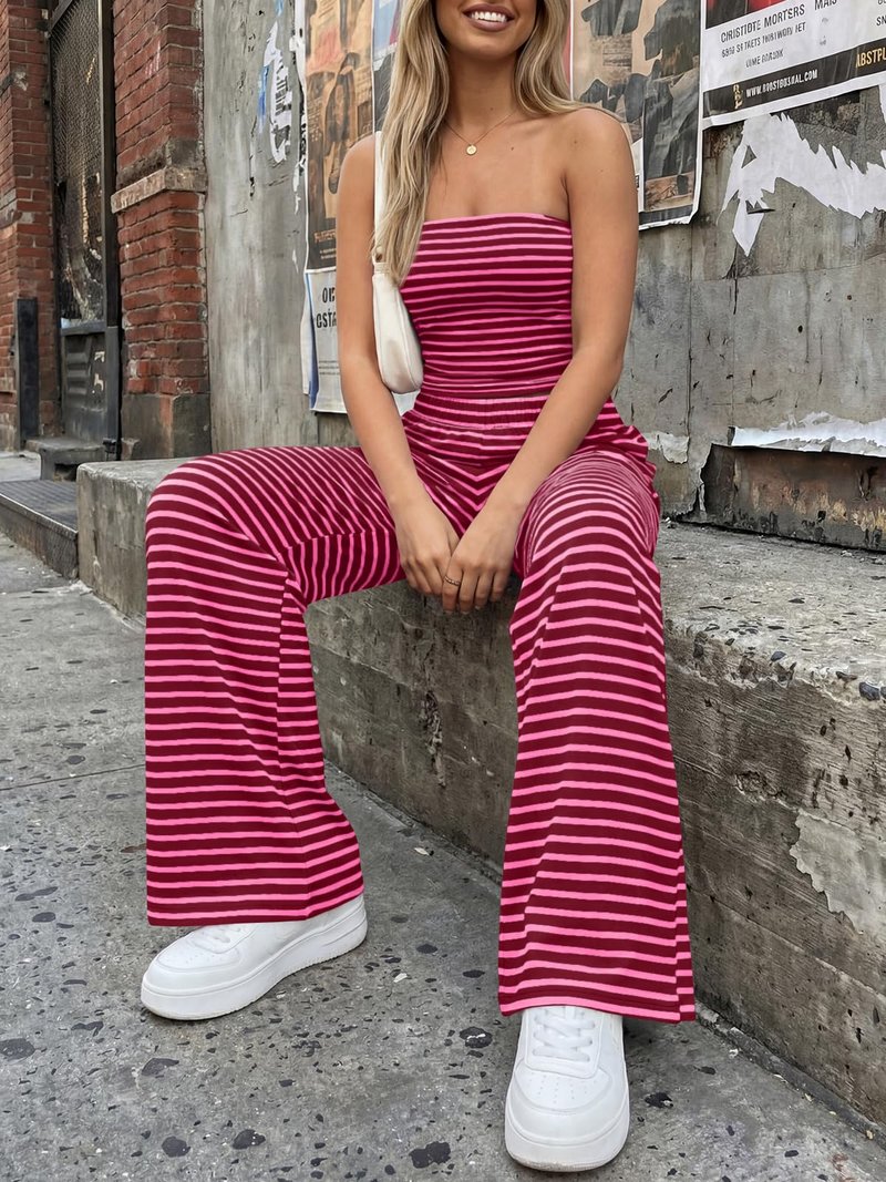 Trendy Queen Womens 2 Piece Lounge Sets Matching Summer Beach Vacation Outfits 2026 Pajamas Striped Crop Tube Tops Wide Leg Pants Pockets Travel Clothes Pink M