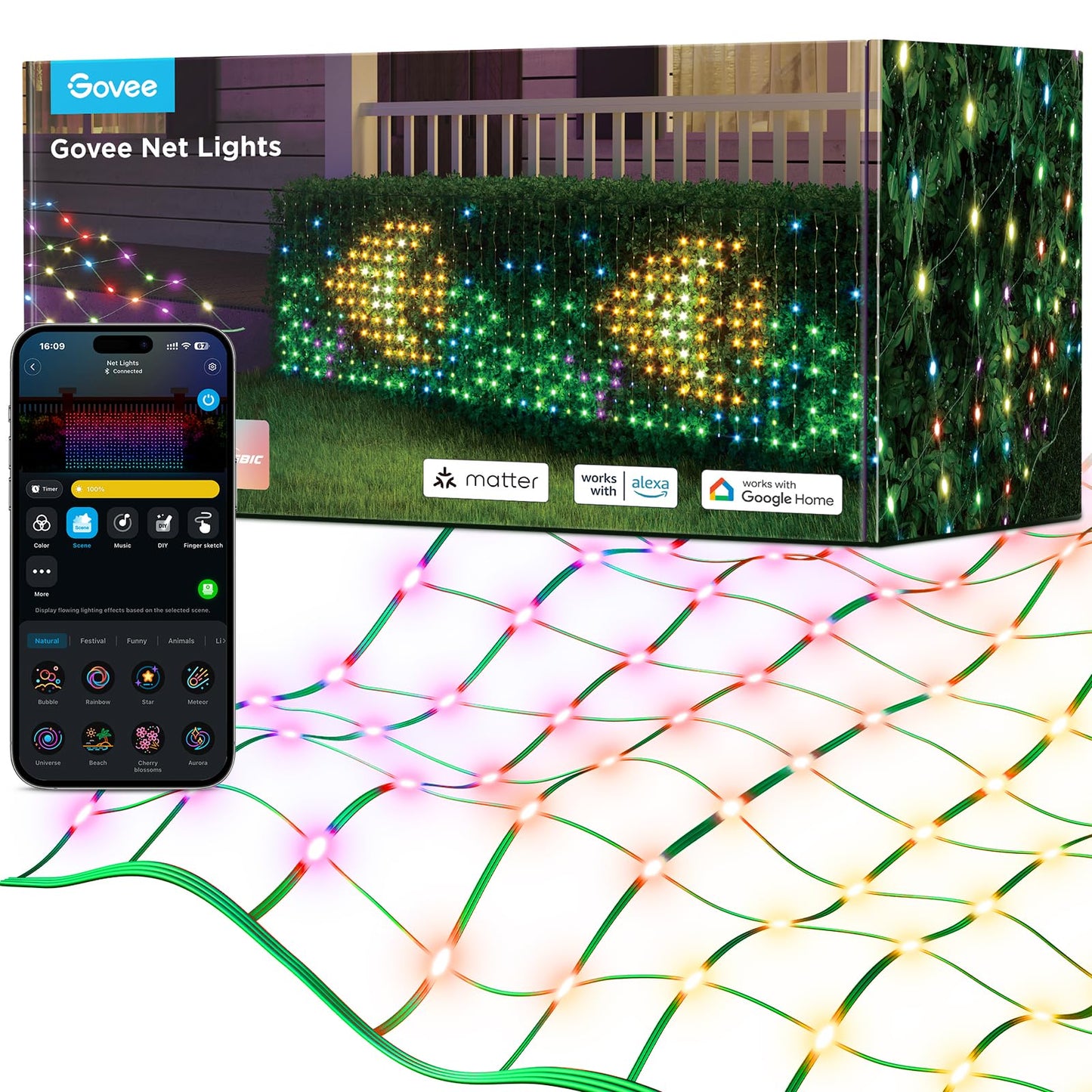 Govee Outdoor Net Lights, 2.8*9.4ft with RGBIC and DIY Functions, 480 LEDs Smart Net Lights with 64 Modes for Bush Patio Decor, Compatible with Alexa & Google Assistant, Outdoor Waterproof, Green Wire
