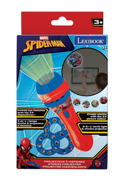 LEXIBOOK Stories projector, Spider-Man torch light and projector with 3 discs, 24 images, create your own stories, LTC050SP