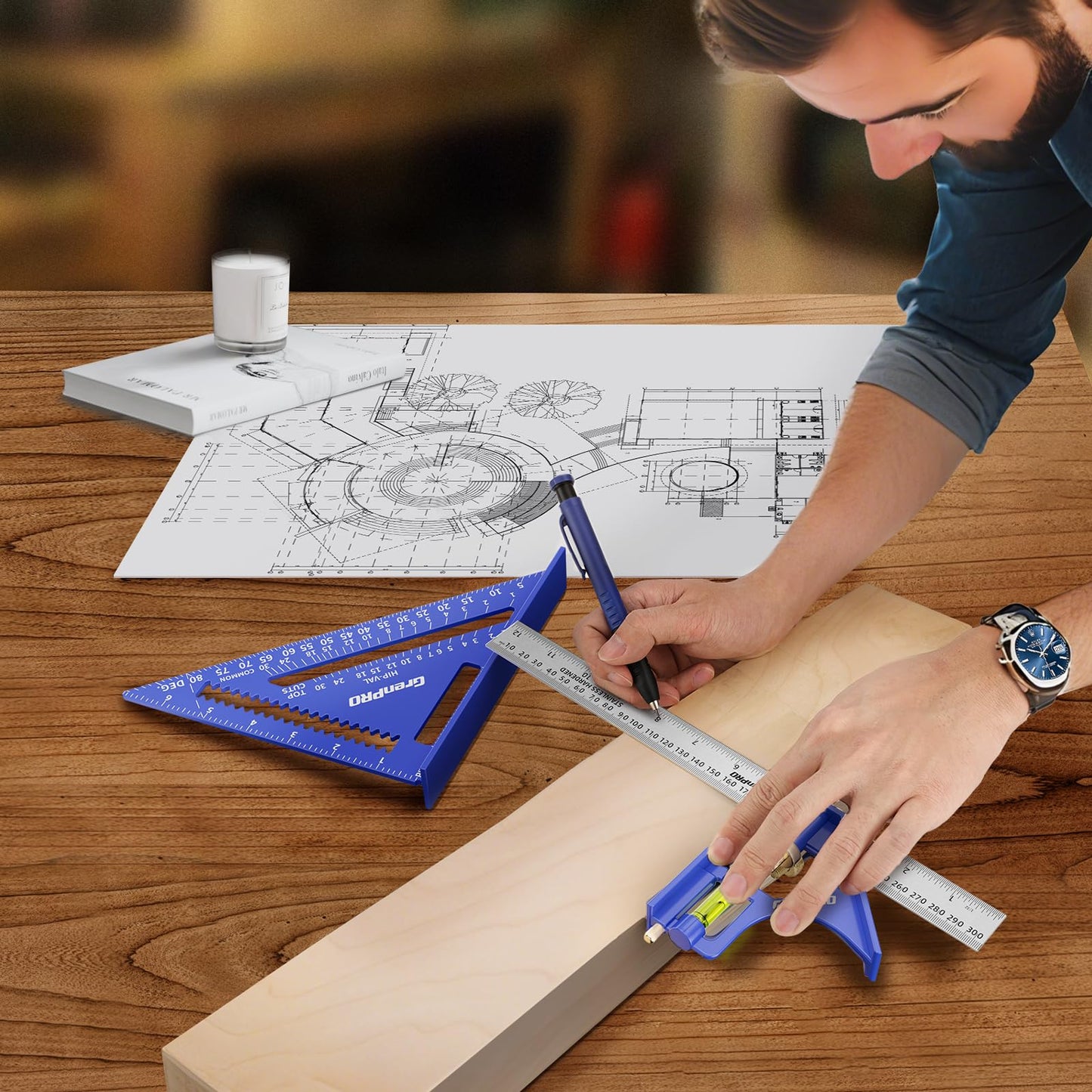 GRENPRO Combination Square Woodworking Ruler Tools, 7inch Carpenter Square Wood Working Tools and Accessories, 12inch Square Ruler, Includes 2-in-1 Carpentry Pencil, Protractor Angle Machinist Tool