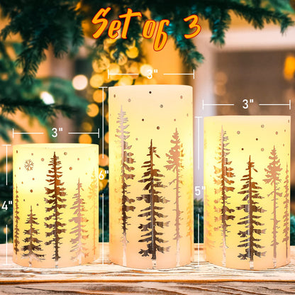 FLAVCHARM Christmas Flameless Candles, Battery Operated, Hot Stamping Silver Xmas Tree LED Flickering Candles with Remote and Timer, Holiday Decorative Pillar for Xmas, Party, Bedroom