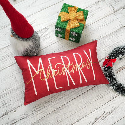 ONWAY Christmas Pillow Cover 12x20 Inch Merry Christmas Lumbar Pillow Cover Gold Red Decorative Throw Pillows Farmhouse Winter Holiday Decor Cushion Case for Sofa Couch Home Decorations