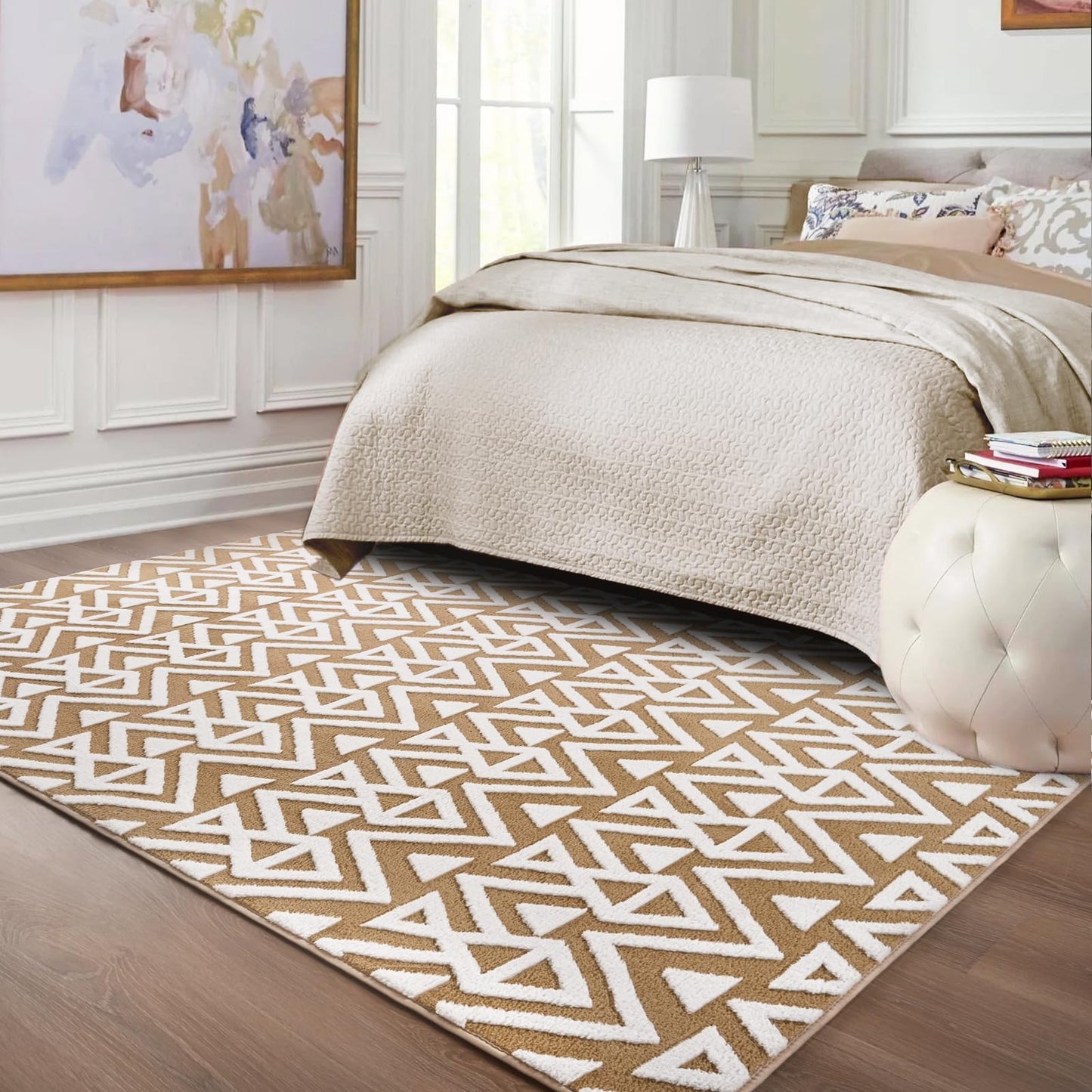 Ompaa Ultra Soft Shaggy Rugs Memory Foam Bedroom Carpet, Beige 7 x 10 Feet Large, Plush Geometric Textured Area Rugs for Living Room Couch Dorm Bedside Kids Girls Teens Room Nursery Decor Floor Mat