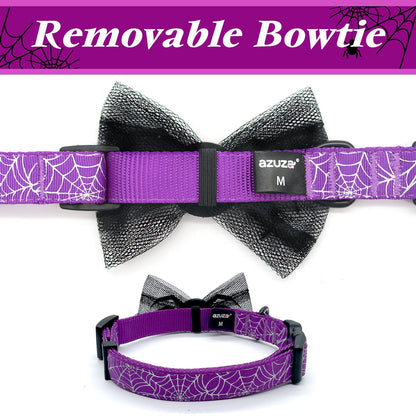 azuza Halloween Dog Collars with Bow Cute Sequined Spider Purple Dog Collar with Lace Bow tie Gifts on Halloween for Medium Dogs