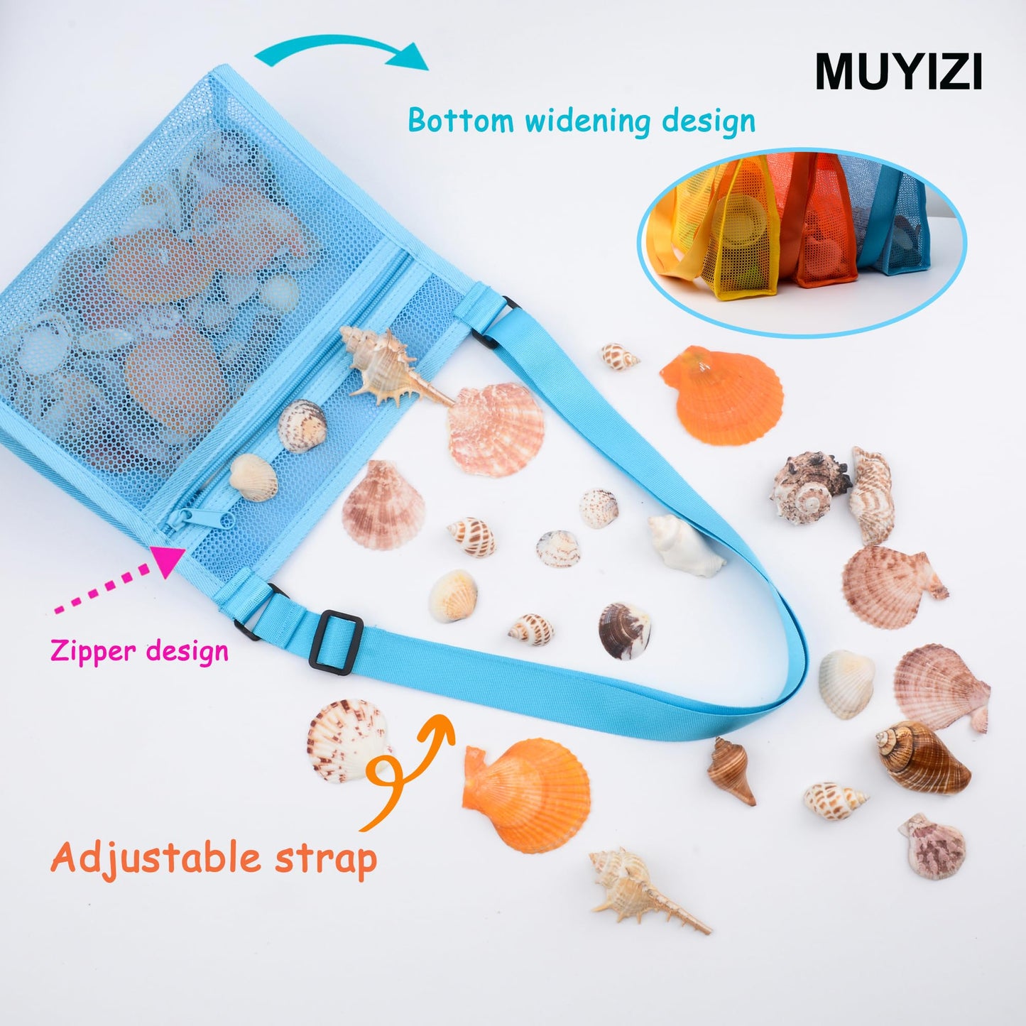 MUYIZI Mesh Beach Bag for Shells Collecting 3 Pack,Shell Bags for Beach, Beach Shell Bag for Kids, Sea Shell Bags for Picking Up Shells, Sand Toys Swimming Accessories for Boys and Girls