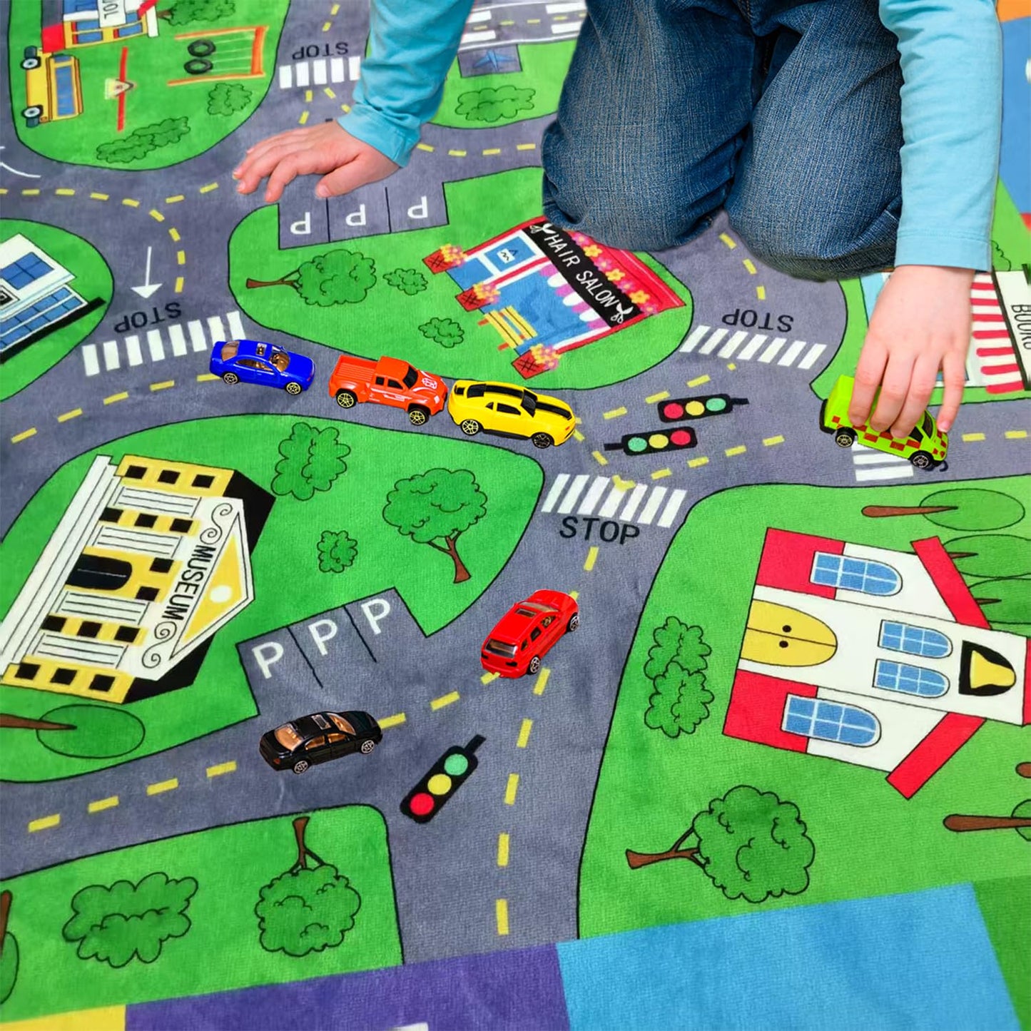Mishareal Kids Play Mat, Soft Car Track Rug Educational Playmat Nursery Rugs Children Play Area Rug City Road Traffic Playroom Bedroom,4'11" x 3'3"