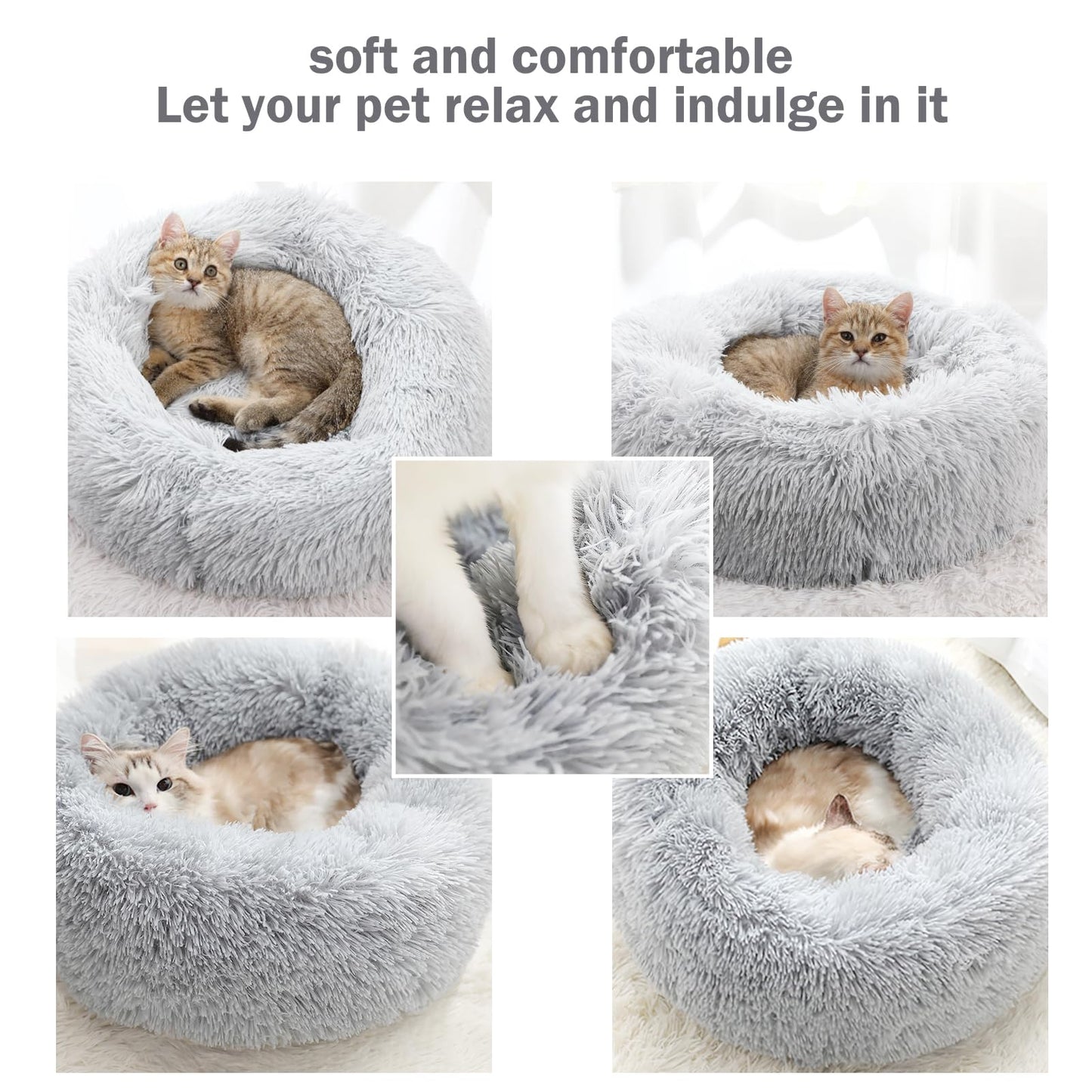 Calming Dog Cat Donut Bed - 19.7in Fluffy Plush Puppy Kitten Cuddler Round Bed, Warm and Soft Pet Cosy Anti Anxiety Beds with Non-Slip Bottom and Washable (M-50CM, Grey)